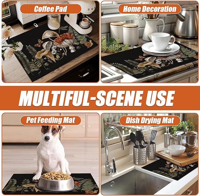 Vintage Mushroom Dish Drying Mat for Kitchen Counter Microfiber Absorbent Dish Kitchen Drying Mat Draining Reusable Washable for Dishes/Utensils/Counterto