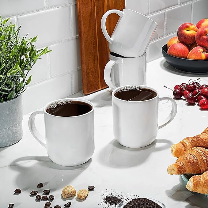 Set of 6 Large 16 Ounce Ceramic Coffee Mugs (White and Blue)