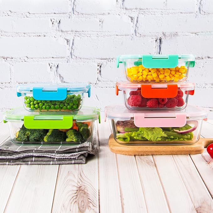 10 Pack Glass Food Storage Containers with Airtight Lids, Ideal for Meal Prep, Lunches - Microwave and Dishwasher Safe, Colorful