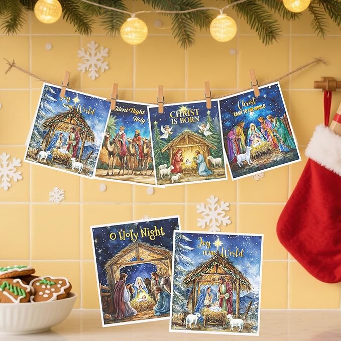 Christmas Swedish Dishcloths for Kitchen - 6PCS Nativity Christmas Swedish Cloths for Washing Dishes, Watercolor Holy Night Reusable Dish Towels Gifts, Holiday Xmas Washable Cleaning Sponge