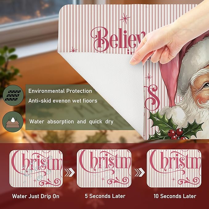 Pink Christmas Santa Dish Drying Mat, Preppy Xmas Coffee Bar Mat for Countertops, Believe in the Magic of Christmas Absorbent Dish Drying Mats for Kitchen Counter Coffee Maker, 16x24 Inch