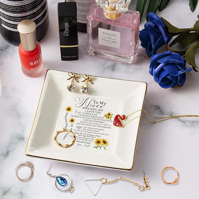 SUNBMO Ceramic Jewelry Dish - Birthday & Christmas Gifts for Niece from Auntie