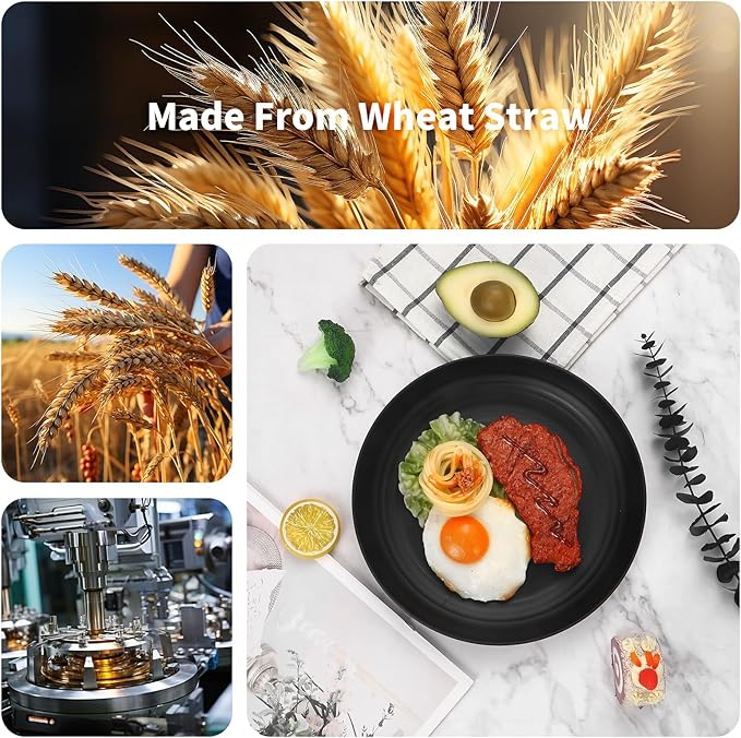 Lazycorner 32Pcs Kitchen Wheat Straw Dinnerware Set, Service for 8, Plastic Reuasble Dinner Dishes Serving Plate Set for Kitchen, Including Dinner Plate, Dessert Plate, Bowl, Cup(Black)