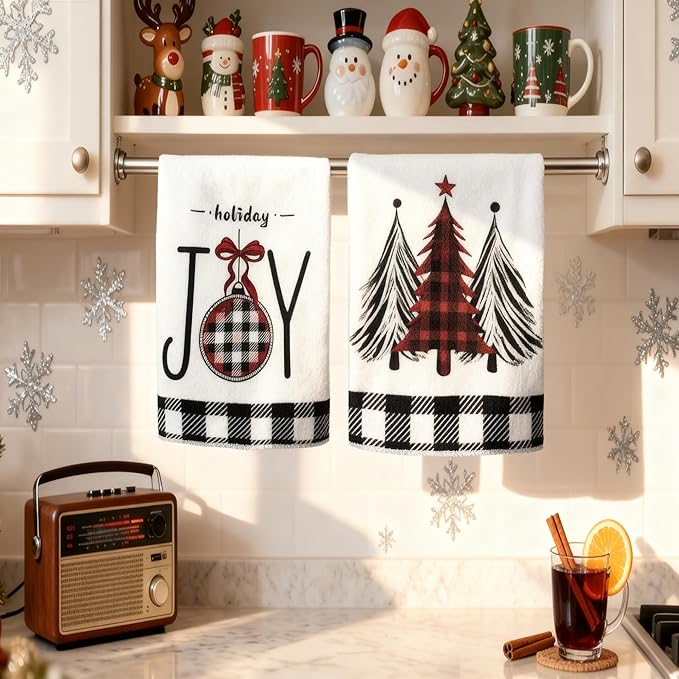 Black & White Buffalo Plaid Christmas Kitchen Towels Set of 2 | 18x26 Inch Dish Towels with Xmas Tree Holiday Decor for Farmhouse Kitchen & Bath
