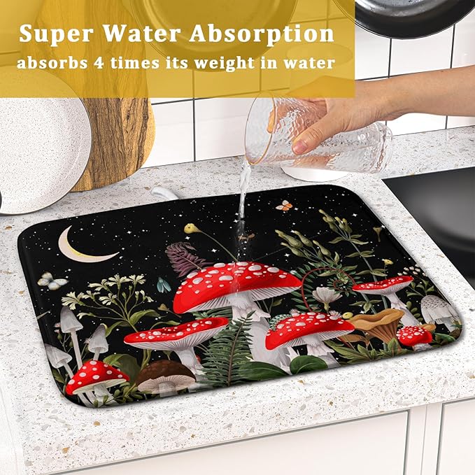 Red Mushroom Dish Drying Mat for Kitchen Counter Plant Leaves Drainer Mats Rack Holder Countertop Absorbent Microfiber Coffee Pads 16x18 Inch