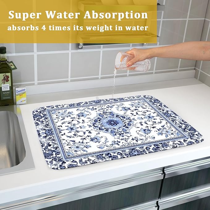 Boho Floral Dish Drying Mat 18x24 Inch Blue Leaves Kitchen Drying Pad Reversible Absorbent Dish Drainer Rack Mats Counter Tableware Decor