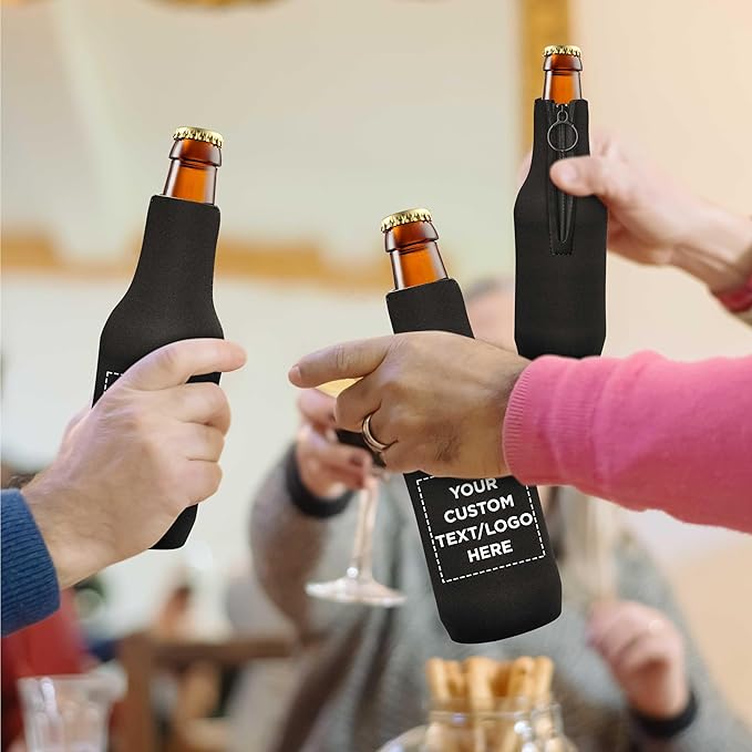 10 Neoprene Zippered Beer Bottle Coolies Pack - Customizable Text, Logo - Sharkskin Rubber Bottom - Black