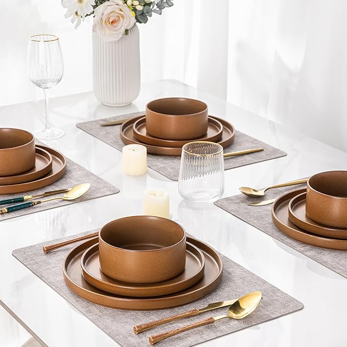 LERATIO Ceramic Dinnerware Sets for 4, High Edge Stoneware Plates and Bowls Set, Chip and Crack Resistant | Oven & Dishwasher & Microwave Safe Dishes Set, Service for 4 -Caramel