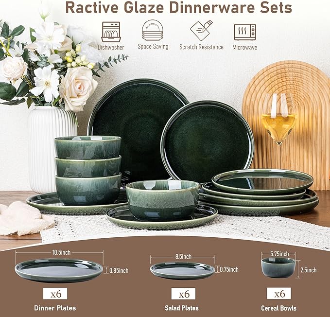 GBHOME Ceramic Dinnerware Sets for 6, 18 Pieces Stoneware Plates and Bowls Sets, Reactive Glaze Dishes -Scratch Resistant, Dishwasher&Microwave Safe, Earth Green