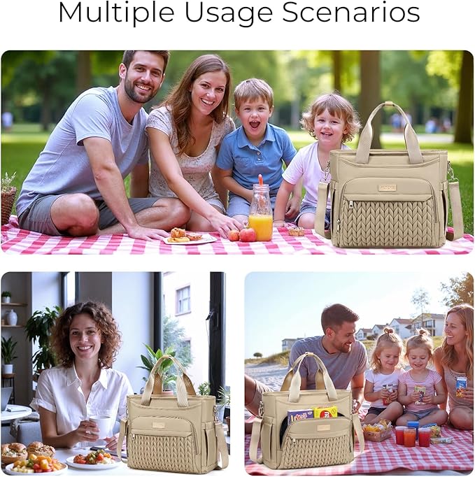 AIJIEKE Insulated Lunch Bag for Men Women, Lunch Box, Lunch Tote for Work, Large Leak Proof Cooler Bag with Removable Strap, Reusable Adult Lunchbag, Picnic, Office, Beach (Brown Taupe)