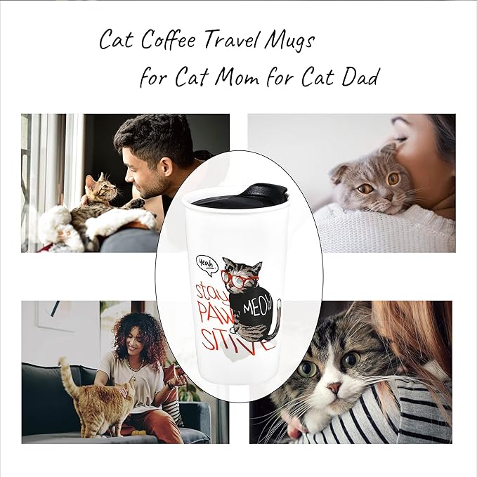 Ceramic Travel Coffee Mug, Reusable White Mug Unique To Go Coffee Cup with Splash Resistant Lid, Cute Travel Mugs for Cat Mon Dad Cat Lovers, 12 Ounce, Funny MEOW with Glasses Decor (Stay Paw Sitive)