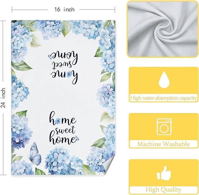Blue Stripe Hydrangea Kitchen Towels Set of 4 - Home Sweet Home Blue and White Hydrangea Gifts Decorative Hand Towels for Bathroom, 16x24