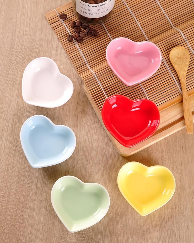 WHJY Yellow Love Heart Shaped Ceramic Side Dish Bowl, Contemporary Porcelain Side Dishes Bowl, Seasoning Dishes Soy Dipping Sauce Dishes for Wedding Birthday Party- Set of 6