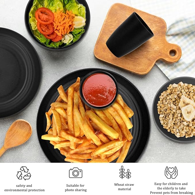 Wheat Straw Dishes Set 16 PCS, Service for 4,Unbreakable and Ruseable Plastic Dinnerware Sets,Dishwasher & Microwave Safe Plates Set for Kitchen,Camping,Dorm,Dessert Plates, Drinking Glasses(Black)