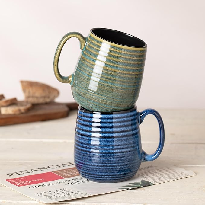 20 oz Large Ceramic Coffee Mugs set of 2, Coffee Mugs for Women and Men, Big Tea Cups, Large Handle Mugs for Office and Home, Microwave and Diahwasher Safe (Green with Stripes, 2PCS)