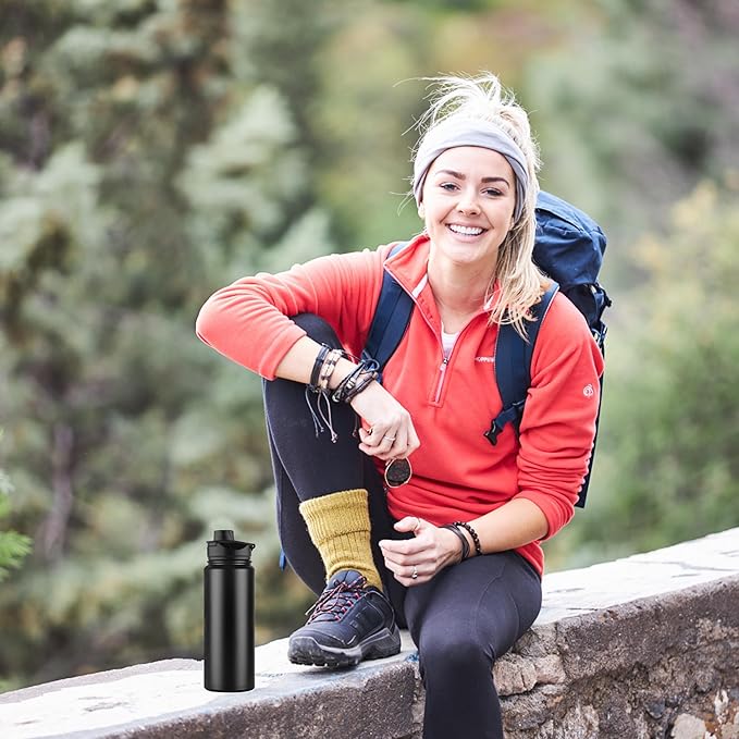 24 oz Insulated Water Bottle Bulk 4 Pack, Stainless Steel Sports Water Bottles with Straw Lid & Wide Mouth Lids, Double Walled Vacuum, Leak Proof, Black