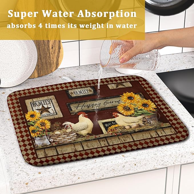 Vintage Rooster Dish Drying Mat 16x18 Inch Farmhouse Chicken Dish Drainer Pad Microfiber Absorbent Fast Dry Kitchen Counter Accessories