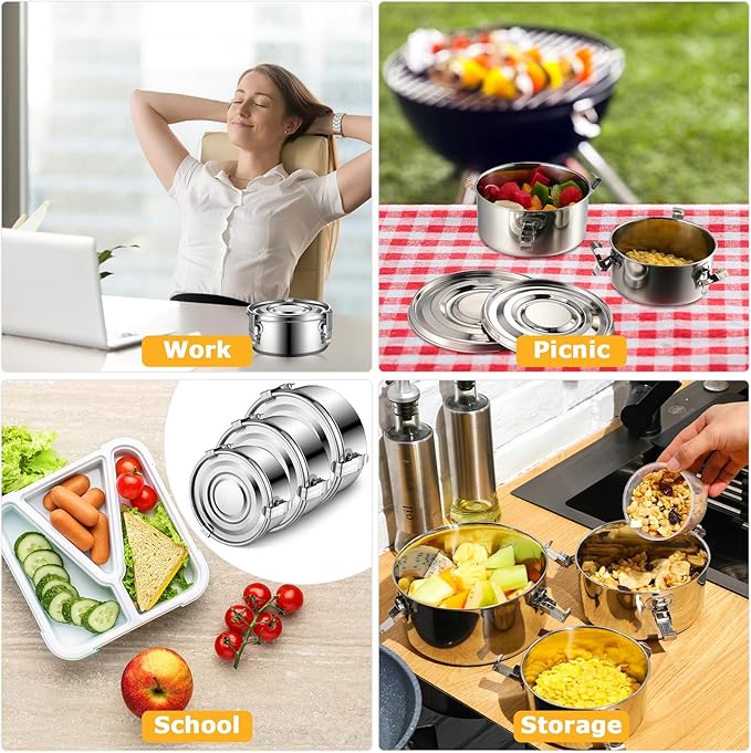 Zopeal 6 Pcs Stainless Steel Food Storage Containers with Lid Bento Lunch Boxes Reusable Metal Flat Canisters for Camping Trips Picnic Snacks Soups Salads Leftovers, 3 Sizes (54oz, 74oz, 101oz)