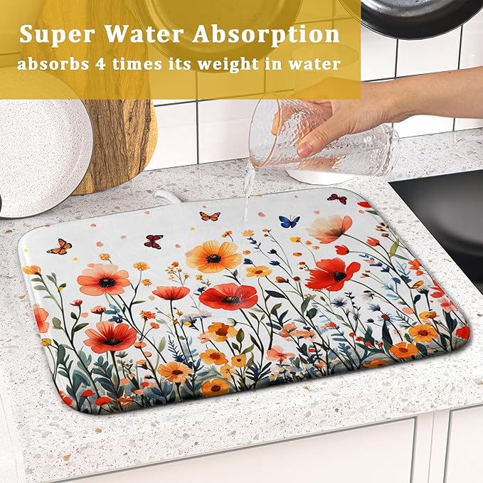 Poppy Flower Dish Drying Mat 16x18 Inch Floral Leaves Dish Drainer Protector Pad Washable Reversible Drying Pad for Kitchen Counter Sink