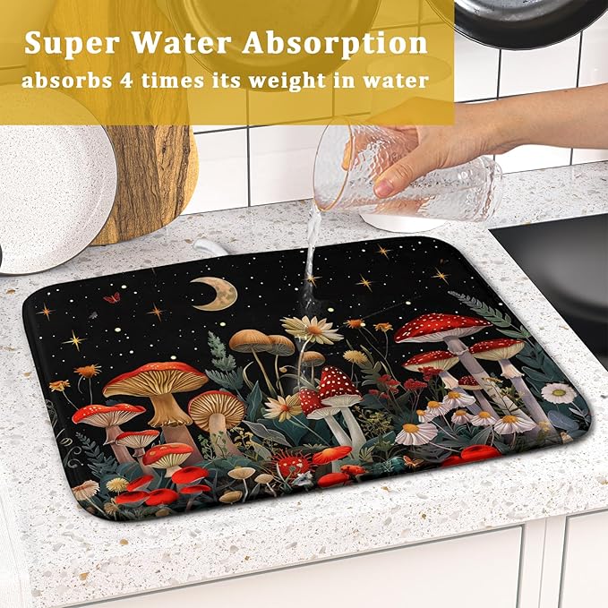 Black Mushroom Dish Drying Mat for Kitchen Counter Leaves Botanical Microfiber Dish Rack Mat Drainer Pad Washable Absorbent Dry Mat 16x18 Inch