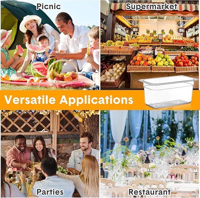 Yinder 12 Pack Plastic Food Pan 1/3 Size Commercial Food Storage Containers Pans Clear Stackable Restaurant Hotel Pans for Kitchen Fruits Vegetables Beans Corns(6 Inches High, 2.25 Gallon)