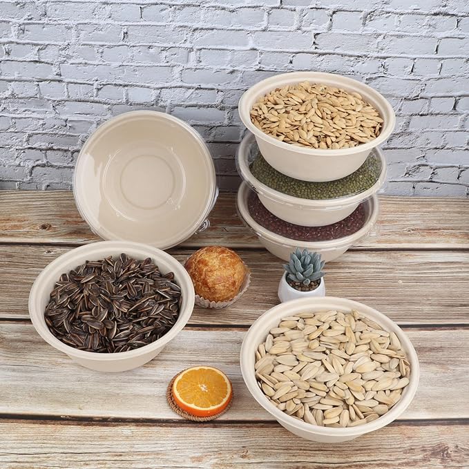 40 oz Disposable salad bowls with lids,Sugarcane Paper Bowls take away food containers Plant Fibers Freezer Safe 25 Pack
