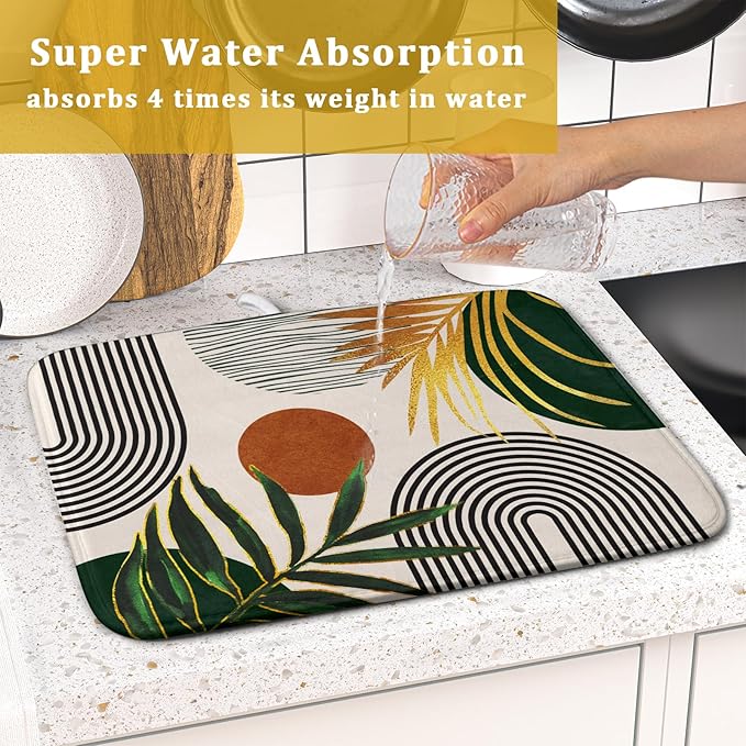 Boho Leaves Dish Drying Mat 16x18 inch Mid Century Absorbent Drainer Rack Mats Fast Dry Bottles Dish Dry Pad Protector Kitchen Accessories