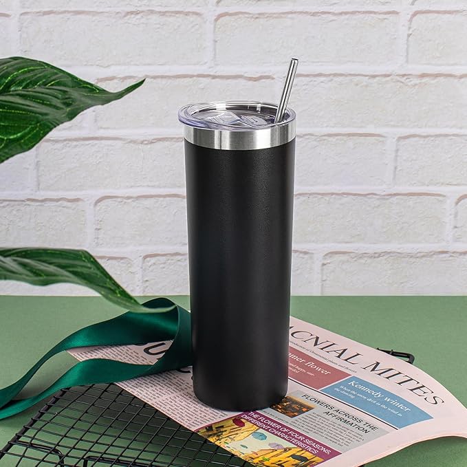 20 oz Skinny Tumblers with Lid and Straw,Stainless Steel Vacuum Insulated Tumbler Cup Double Wall Travel Coffee Mug, Thermal Water Tumbler for Hot and Cold Drinks(Black,4)