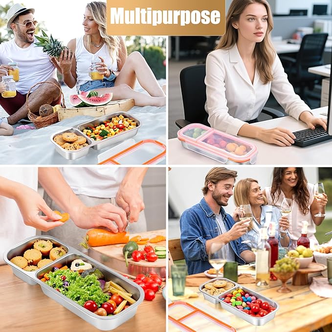 2 Pack Stainless Steel Snack Containers - Reusable Double Compartment Snackle Box Container with Lids for Kids Adults, Divided Snack Food Storage Containers for School, Home, Travel