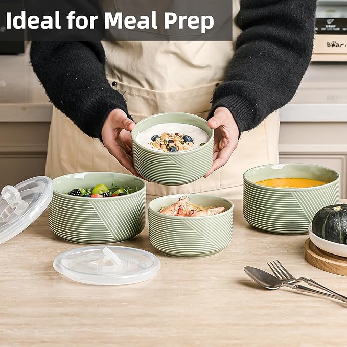 Ceramic Nesting Bowls with Lid: Microwave Safe Food Storage Containers for Work Lunch Picnic Camping Meal Prep Soup Salad Cereal Leftovers - 5 & 6 Inch, 20 & 32 oz, Set of 4, Green