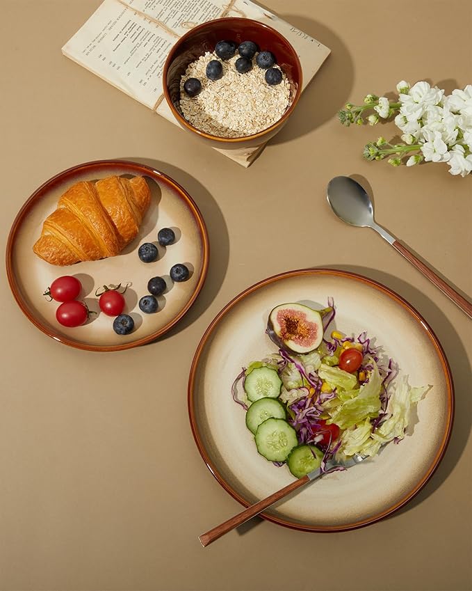 Ceramic Dish Set for 6, 18 Piece Dinnerware Set for Small to Medium Families, Reactive Glaze Design, Dishwasher & Microwave Safe, Brown Yellow