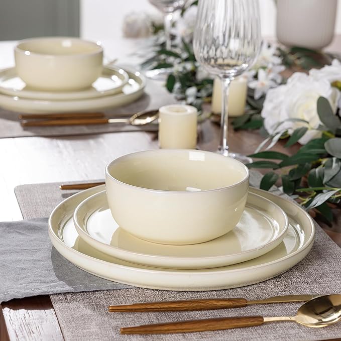 AmorArc Stoneware Dinnerware Sets for 4,Round Reactive Glaze Ceramic Plates and Bowls Set,Highly Scrath Resistant | Dishwasher & Microwave Safe Dishes Set,Service for 4 (12pc)