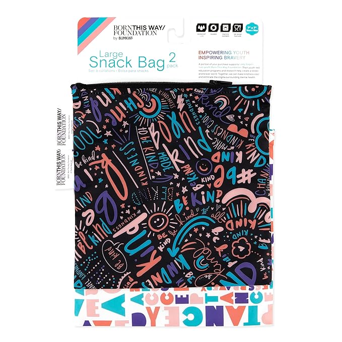 Bumkins Reusable Sandwich and Snack Bags, for Kids School Lunch and for Adults Portion, Washable Fabric, Waterproof Cloth Zip Bag, Travel Pouch, Food-Safe Storage, Large 2-pk Born This Way Kindness