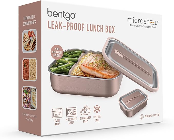Bentgo MicroSteel Leak-Proof Lunch Box - Microwave-Safe, Oven-Safe, Bento-Style Container with Removable Divider, Airtight Lid, Sustainable Design, Odor & Stain Resistant (Rose Gold)