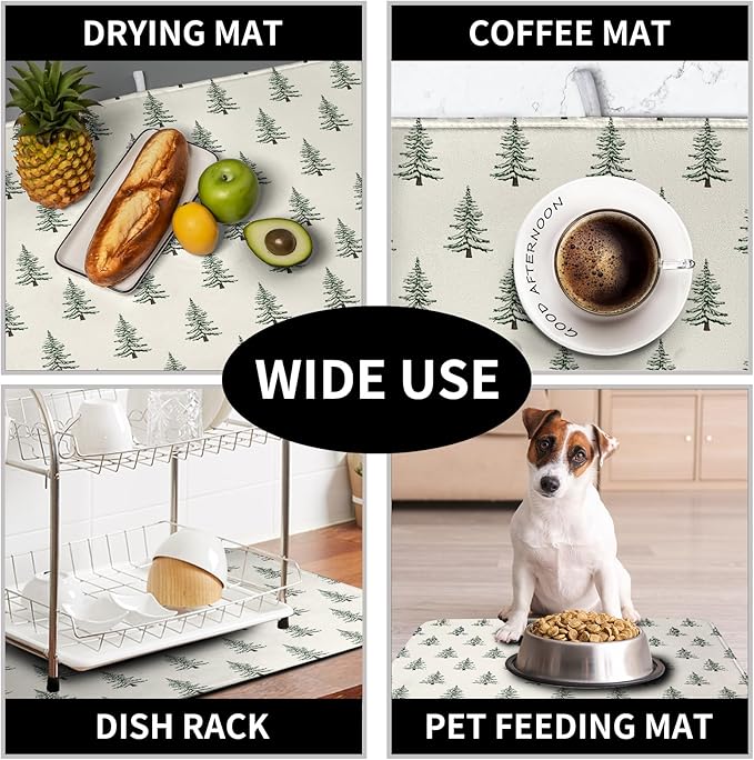 Christmas Tree Dish Drying Mat Winter Xmas Holiday Drying Mats Microfiber Absorbent Dishes Drying Pad Reusable Washable Kitchen Countertop Protector Dish Drainer Rack Mat 16x18 Inch