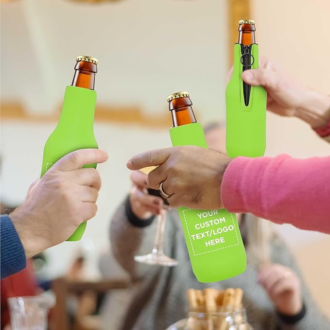 100 Neoprene Zippered Beer Bottle Coolies Pack - Customizable Text, Logo - Sharkskin Rubber Bottom - Lime Green