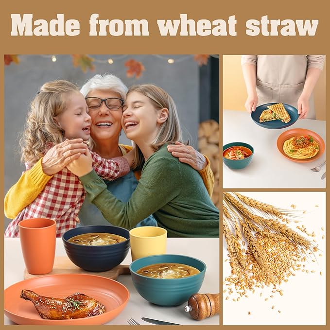 Wheat Straw Dinnerware Sets, Unbreakable Plates and Bowls Sets for 8, Reusable Plastic Plates and Bowls, 32Pcs Dishwasher Microwave Safe Plastic Dishes, Kitchen RV Camping Outdoor