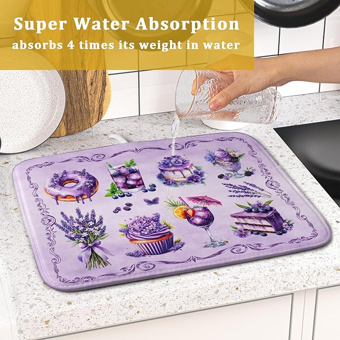 Purple Dish Drying Mats for Kitchen Counter Washable Drying Pad Absorbent Coffee Mat - Delicious Afternoon Tea