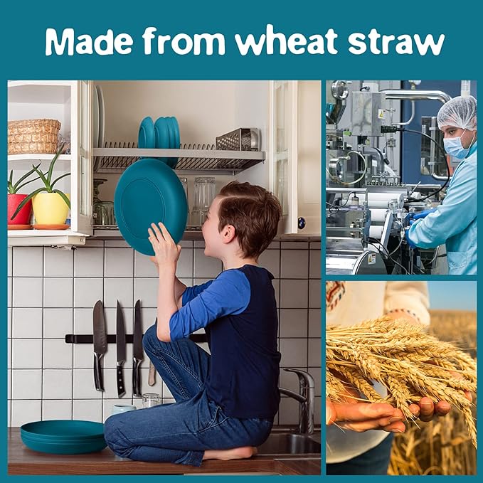 Teivio 32-Piece Kitchen Plastic Wheat Straw Dinnerware Set, Service for 8, Dinner Plates, Dessert Plate, Cereal Bowls, Cups, Unbreakable Colorful Plastic Outdoor Camping Dishes, Dark Blue