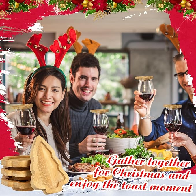 Roshtia 6 Pcs Wine Glass Charcuterie Topper, Christmas Wine Glass Charcuterie Topper, Funny Wood Appetizer Plates, Mini Santa Serving Trays for Outdoor Party Housewarming Gifts (Xmas Tree)