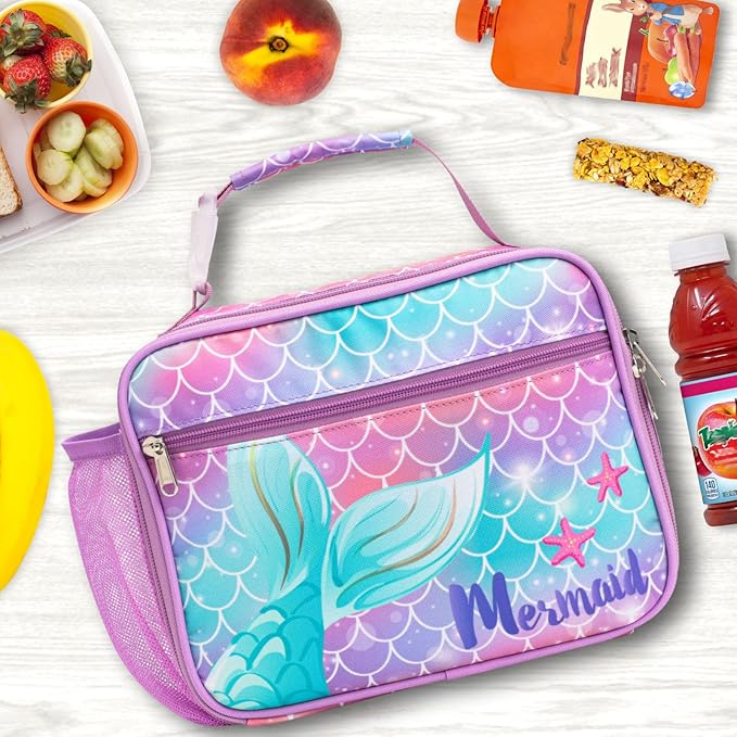 Bagseri Kids Lunch Bag Girls - Kids Lunch Box for Girls Reusable Insulated Lunch Bag with Water Bottle Holder Toddler Lunch Box for Daycare and School, Purple Mermaid Tail (Water Bottle Not Included)