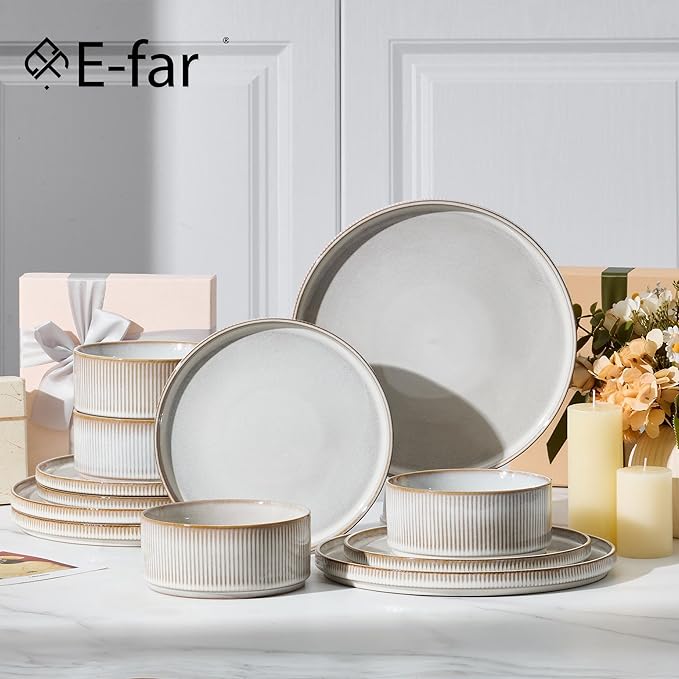 E-far 12-Piece Plates and Bowls Sets, Stoneware Dinnerware Dishes Sets for 4, Kitchen Modern Dining Dishware, Chip & Scratch Resistant, Microwave & Dishwasher Safe, Creamy Beige