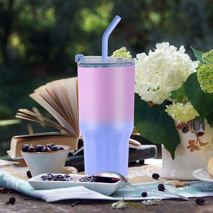 VEGOND 30 oz Insulated Stainless Steel Tumbler with lid and straw Double Wall Vacuum Travel Coffee Mug with Non-Slip Silicone Base, Sweat Proof Powder Coated Cup for Hot Cold Drinks, Blue and Purple