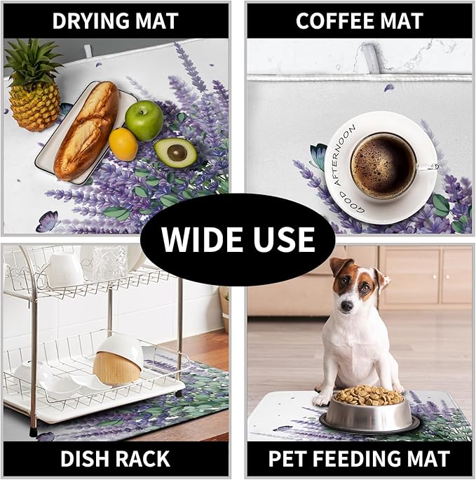 Purple Lavender Dish Drying Mat for Kitchen Counter, 18 x 24 Purple Floral Microfiber Dish Drainer Mats, Absorbent Reversible Microfiber Dish Mat, Butterflies Flowers Kitchen Drying Mats for Dishes