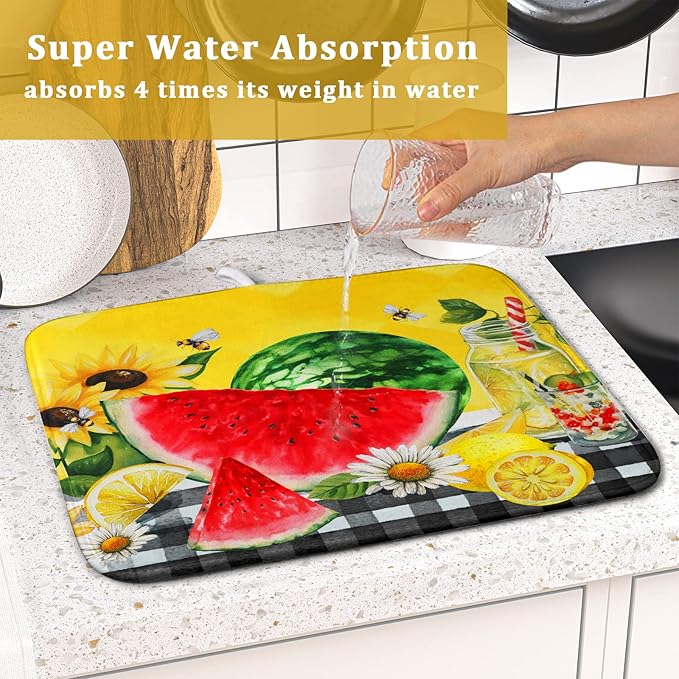Summer Watermelon Dish Drying Mat Microfiber,Yellow Lemon Buffalo Plaid Dishes Drainer Mats 16x18 Inch,Absorbent Washable Large Drainer Rack Pad Protective Kitchen Counter Decor