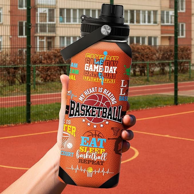 Basketball Water Bottle 32oz, Stainless Steel Insulated Sports Bottle with Lid, Basketball Gifts for Men Players Lovers Fan