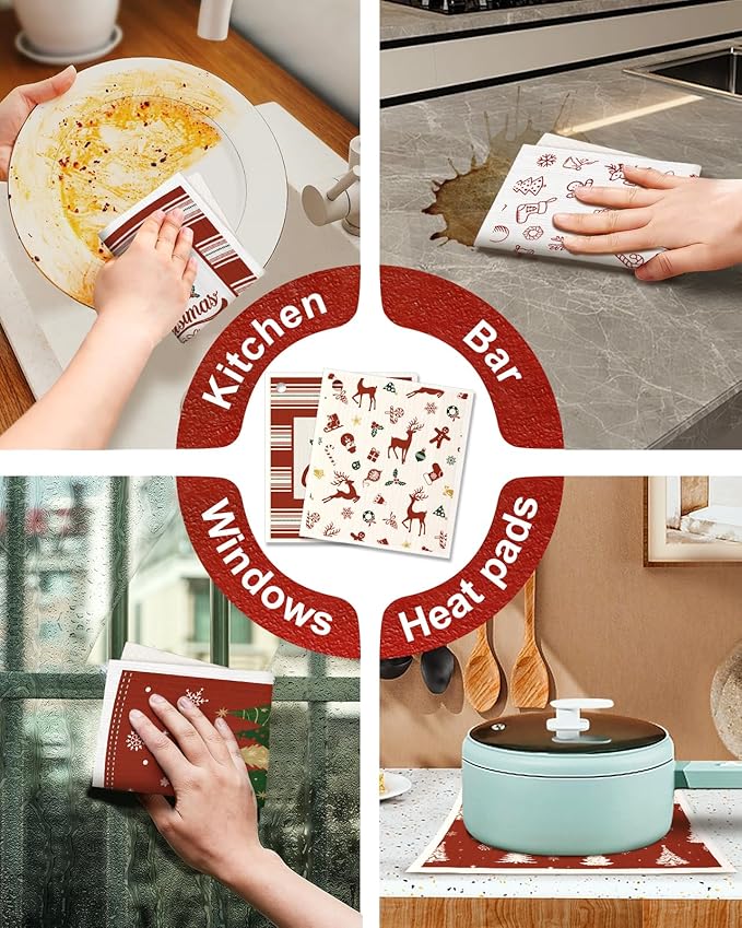6 Pack Christmas Swedish Dishcloths for Kitchen - Reusable Dish Cloths for Washing Dishes Absorbent Cute Holiday Kitchen Towels Cleaning Sponge, Red Xmas Theme