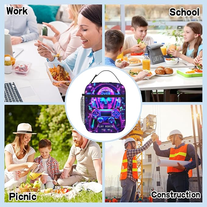 Video Game Insulated Lunch Box for Boys Girls Portable Game Lunch Bag for Kids Adult Teens School Work Office Travel Picnic Hiking Beach Cooler Reusable Waterproof Gaming Lunchbox