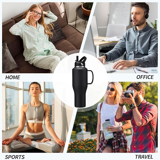 40oz Insulated Water-Bottle with Handle - Straw & Auto Chug Lid, Protective Boot, Carrier Bag, Stainless Steel Water Bottle, Leak-proof Coffee Tumbler, Skinny Flask Fit in Car Bike Cup Holder