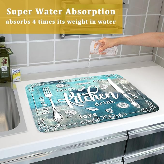 Blue Grey Dish Drying Mat 18x24 Inch Cooking Delicious Absorbent Drying Pad Heat Resistant Dish Drainer Mats for Kitchen Countertop